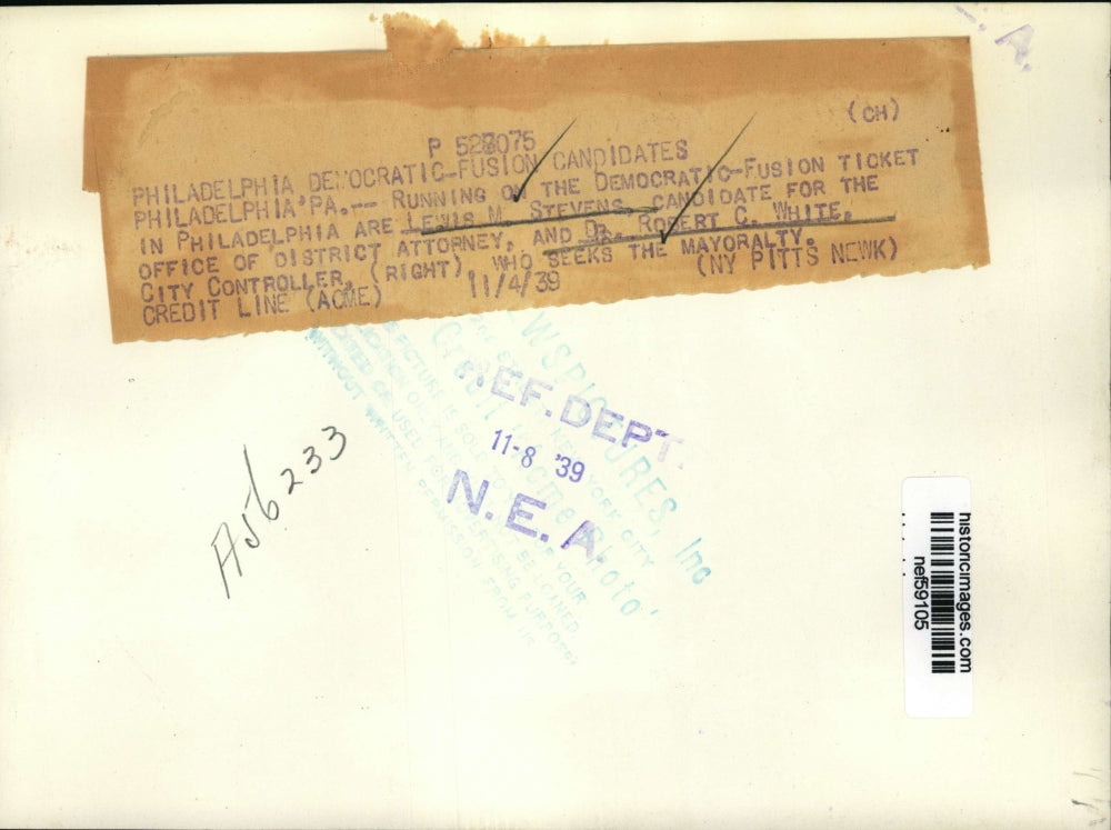 1939 Press Photo Lewis M.Stevens and Dr.Robert C. White,Philadelphia Candidates