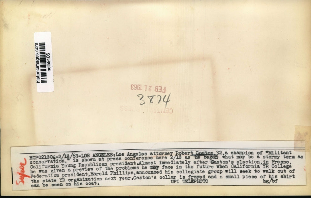 1963 Press Photo L.A. Robert Gaston Champion of Militant Conservation