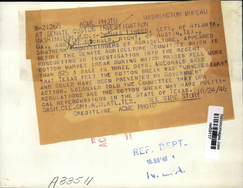 1946 Press Photo Thomas Linder, I.E. McDonald at Senate Cotton Investigation