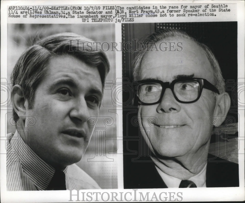 1969 Press Photo Wes Uhlman, Morrt Frayne in race for Mayor of Seattle