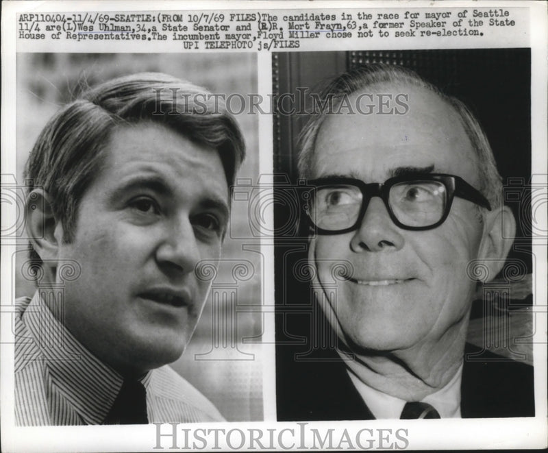 Load image into Gallery viewer, 1969 Press Photo Wes Uhlman, Morrt Frayne in race for Mayor of Seattle
