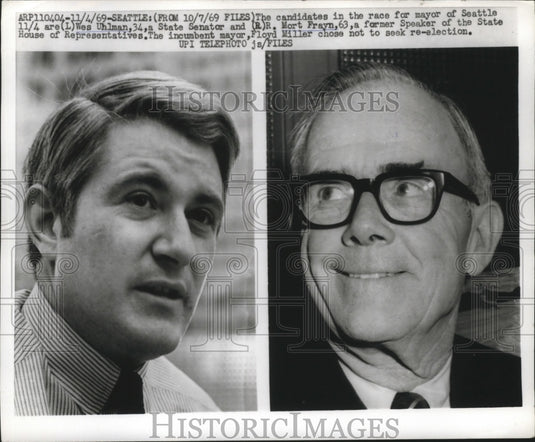 1969 Press Photo Wes Uhlman, Morrt Frayne in race for Mayor of Seattle