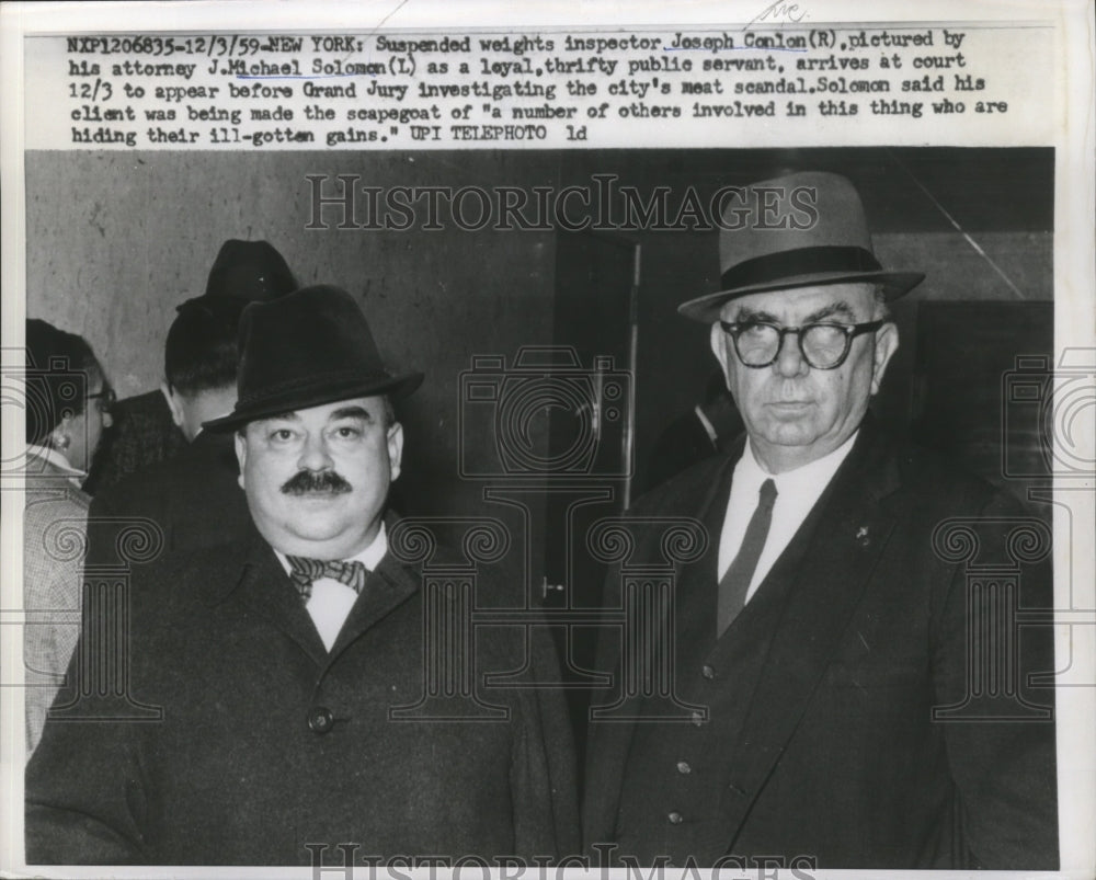 1959 Press Photo Joseph Conlon, suspended weights inspector with his attorney