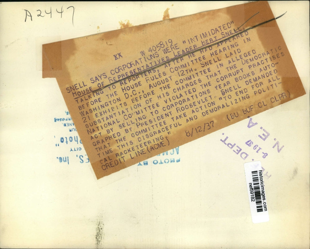 1937 Press Photo Rep.Bert Sneill appeared before the House Rules Committee