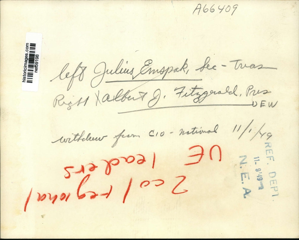 1949 Press Photo Julius Emspak, Albert J. Fitzgerald - nef59198