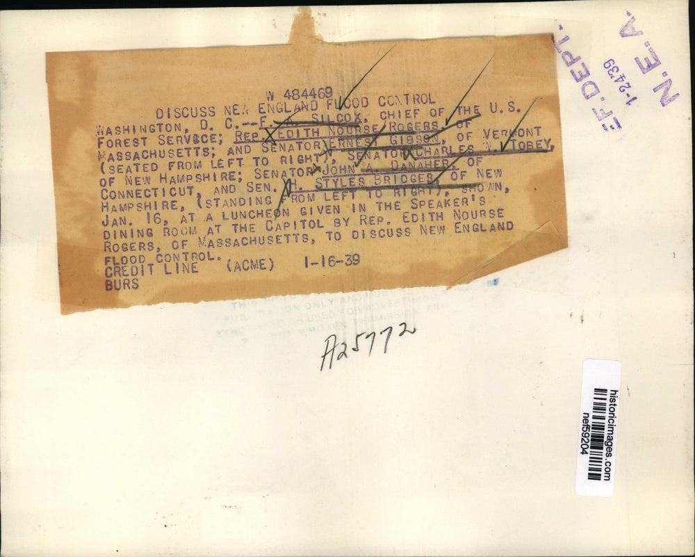 1939 Press Photo Silcox, Rogers, Gibson, Tobey, Danaher, Bridges at a luncheon