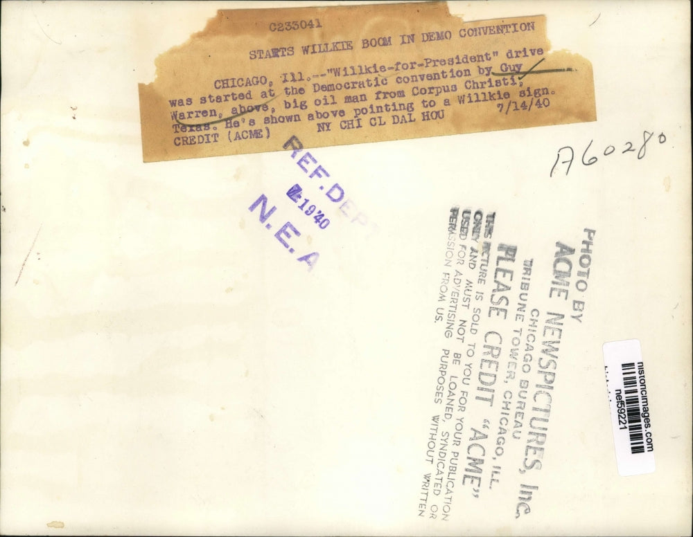 1940 Press Photo Guy Warren starts Wilkie Boom in Democratic Conventton