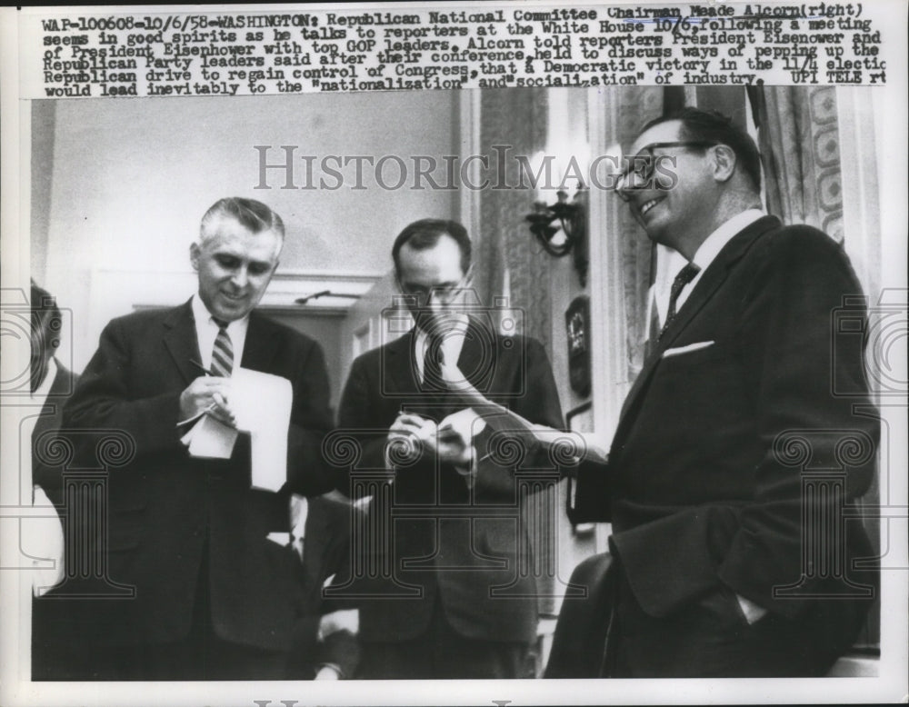 1958 Press Photo Meade Alcorn talks to reporters at the White House - nef59241