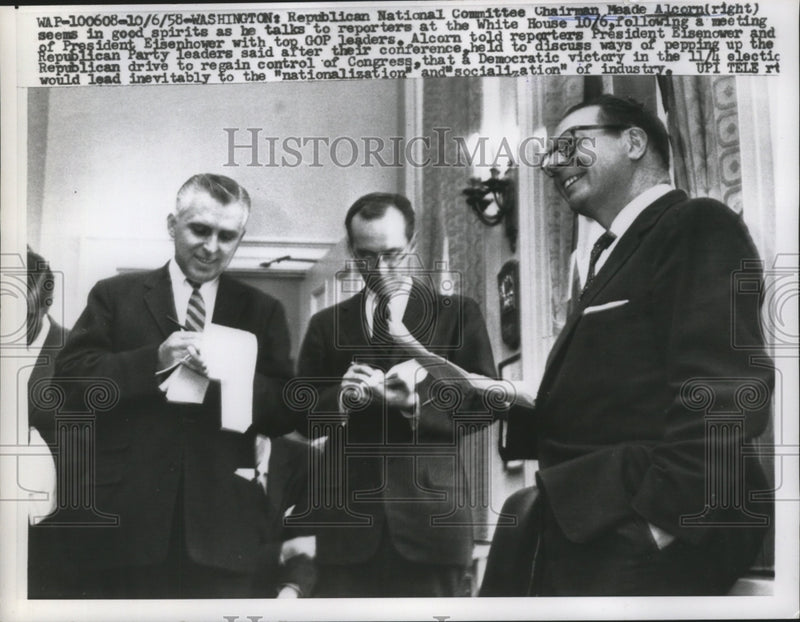 Load image into Gallery viewer, 1958 Press Photo Meade Alcorn talks to reporters at the White House - nef59241
