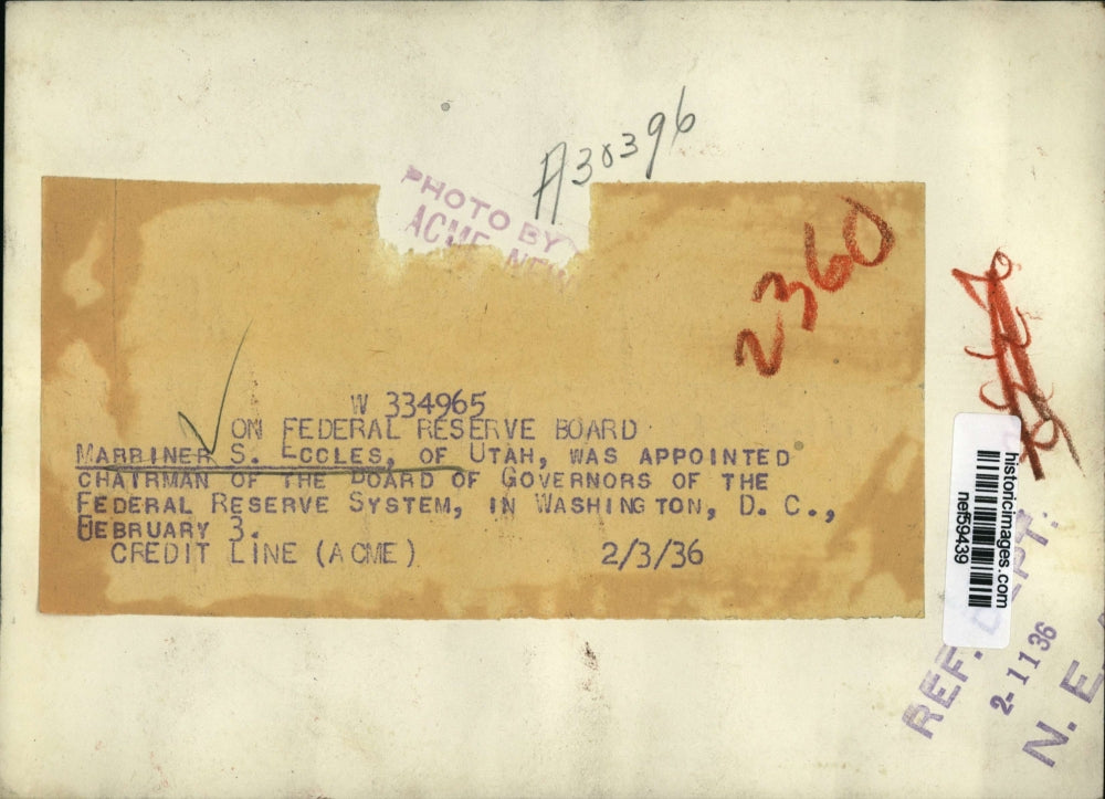 1936 Press Photo Marriner S.Eccles Chairman of the Federal Reserve System