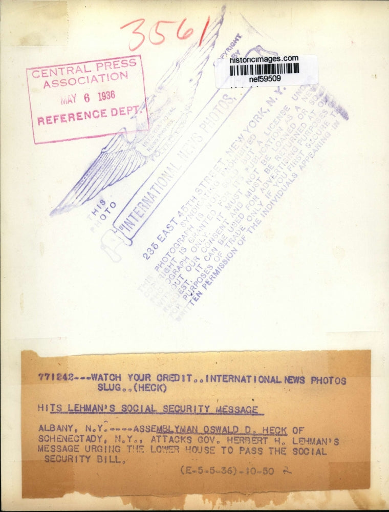 1936 Press Photo Oswald D. Heck. Assemblyman attacked Gov. Herbert H.Lehman