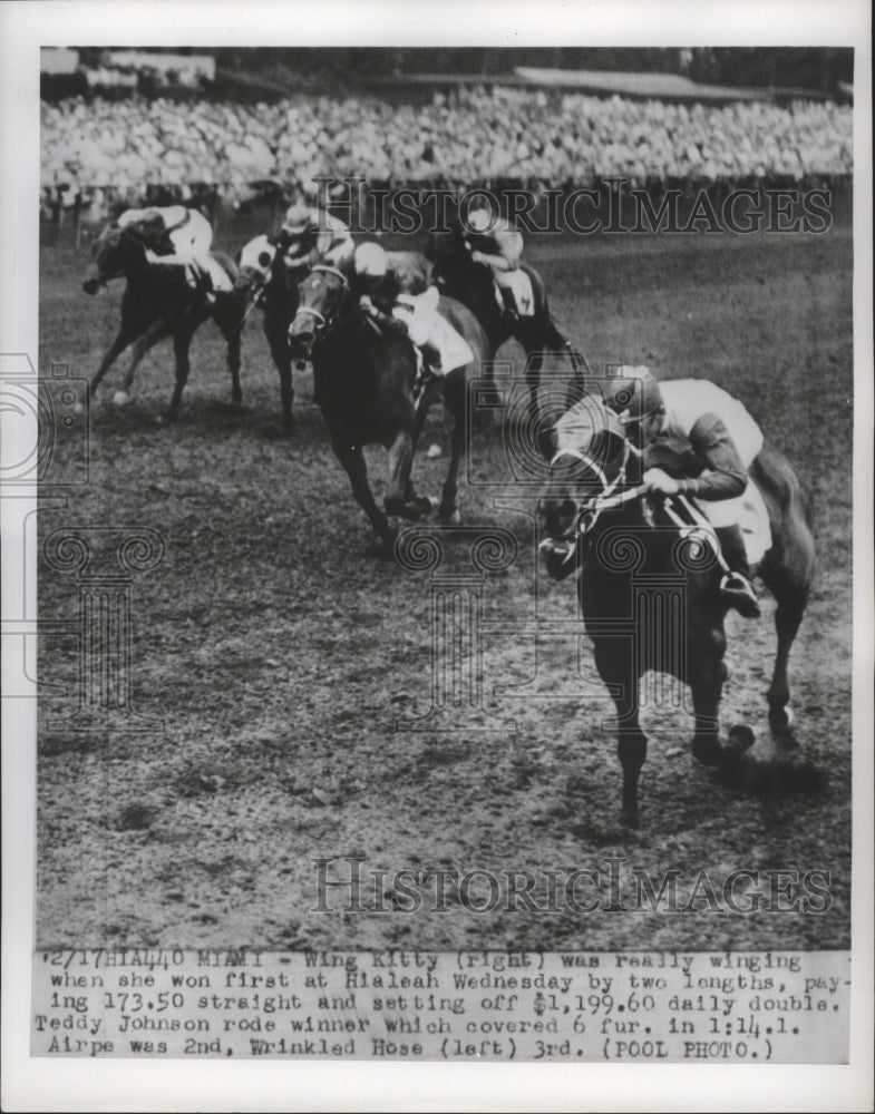 1954 Press Photo Wing Kitty won first at Hialeah Race by two lengths - nef59674