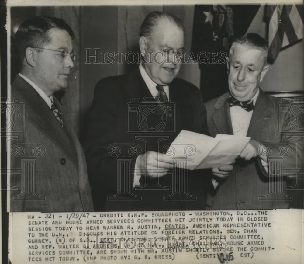 1947 Press Photo Warren R. Austin, Sen. Chan Gurney and Rep.Walter G.Andrews- Historic Images