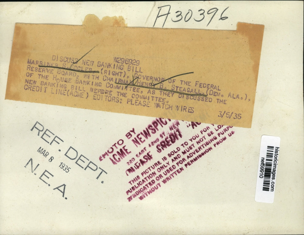 1935 Press Photo Marriner S. Eccles, Henry B. Steagall discuss new banking bill