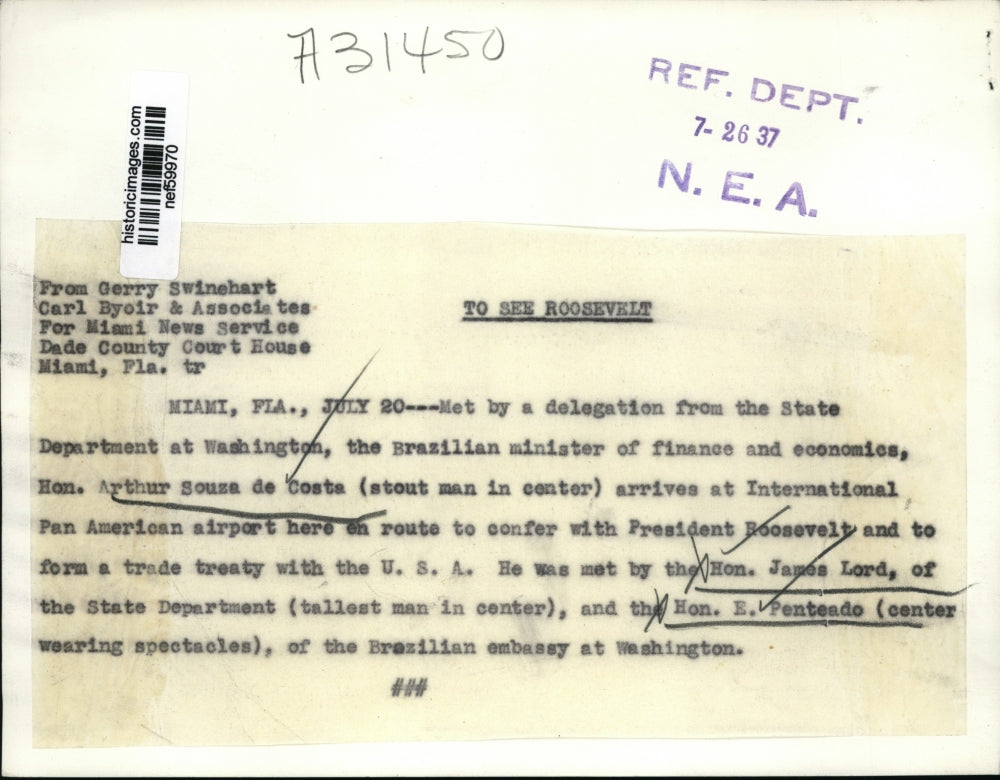 1937 Press Photo Arthur Souza de Costa, Brazilian Minister of Finance at Miami