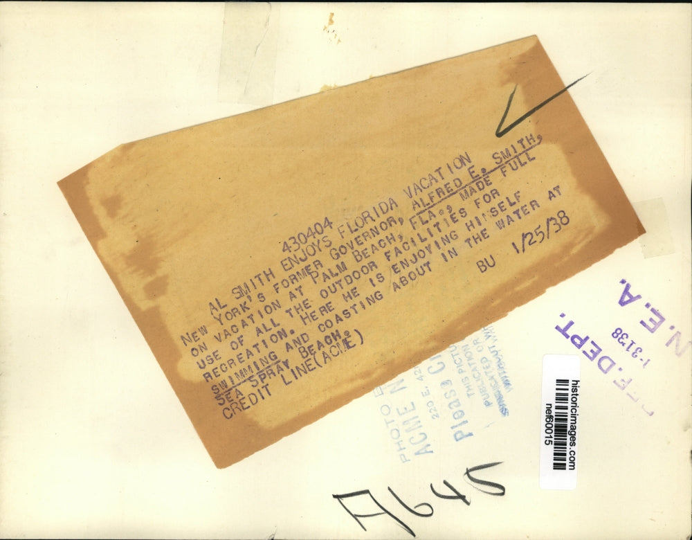 1938 Press Photo Gov.Alfred Smith of N.Y. vacationing at Palm Beach Florida