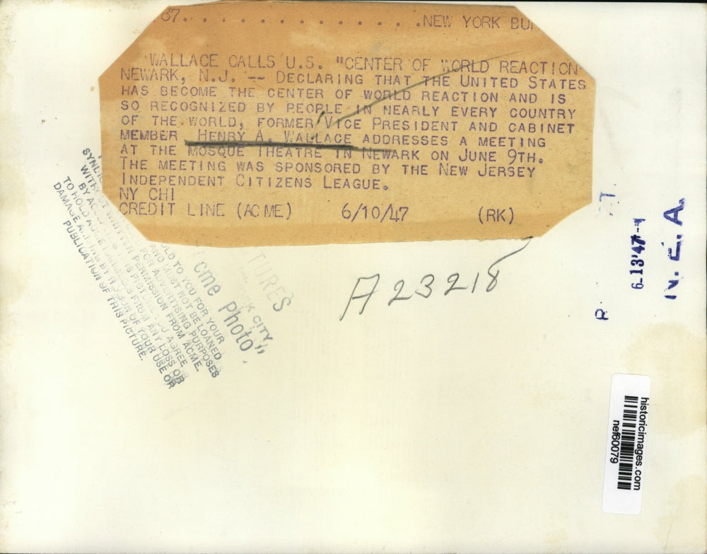 1947 Press Photo Henry A. Wallace addresses a meeting at the Mosque Theatre