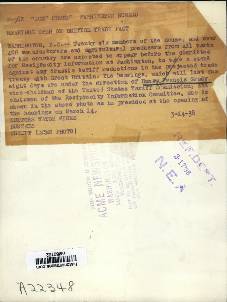 1938 Press Photo Henry Francis Grady to Hear Hearings Against Tariff Reductions