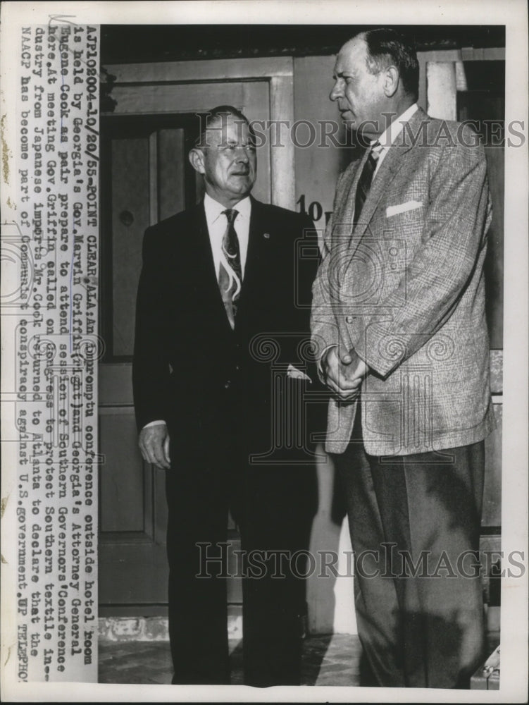 Load image into Gallery viewer, 1955 Press Photo Governor Marvin Griffin, Eugene Cook Meeting Point Clear, AL
