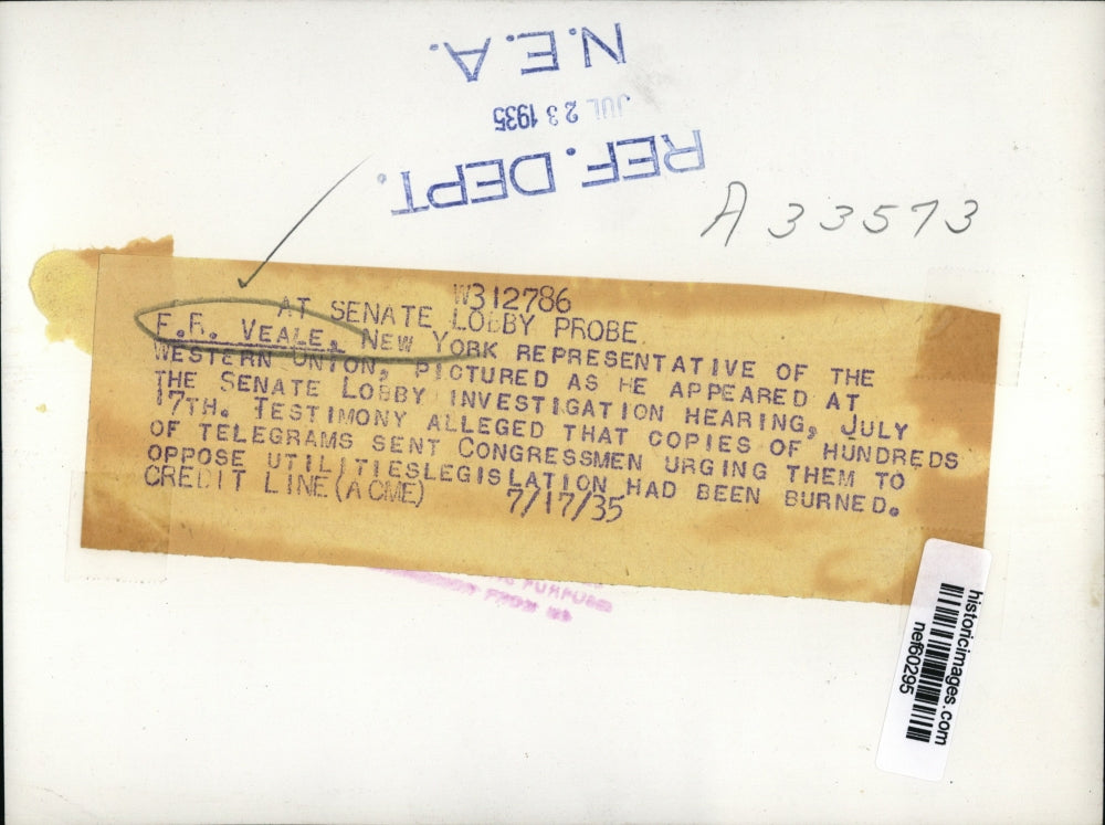 1935 Press Photo F.R Veale N.Y. Representative of the Western Union - nef60295