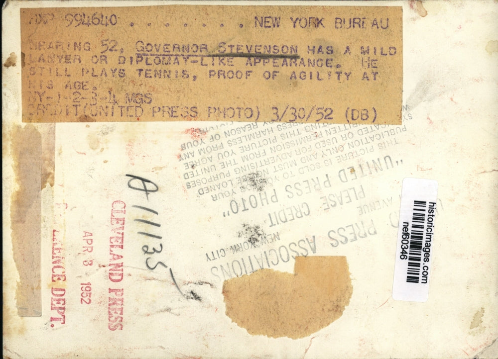 1952 Press Photo Gov Aldai Stevenson Has Mild Diplomay-Like Appeareance