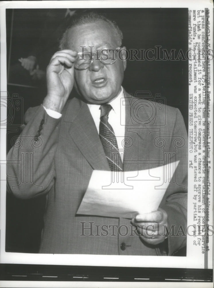 1957 Press Photo Arthur Summerfield Addresses Newsmen at Press Conference