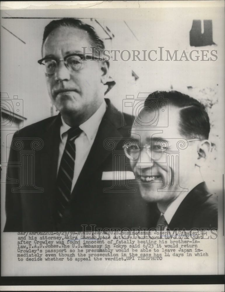 1959 Press Photo Joseph Crowley, Akira Shenoh Tokyo Court for Brother's Murder