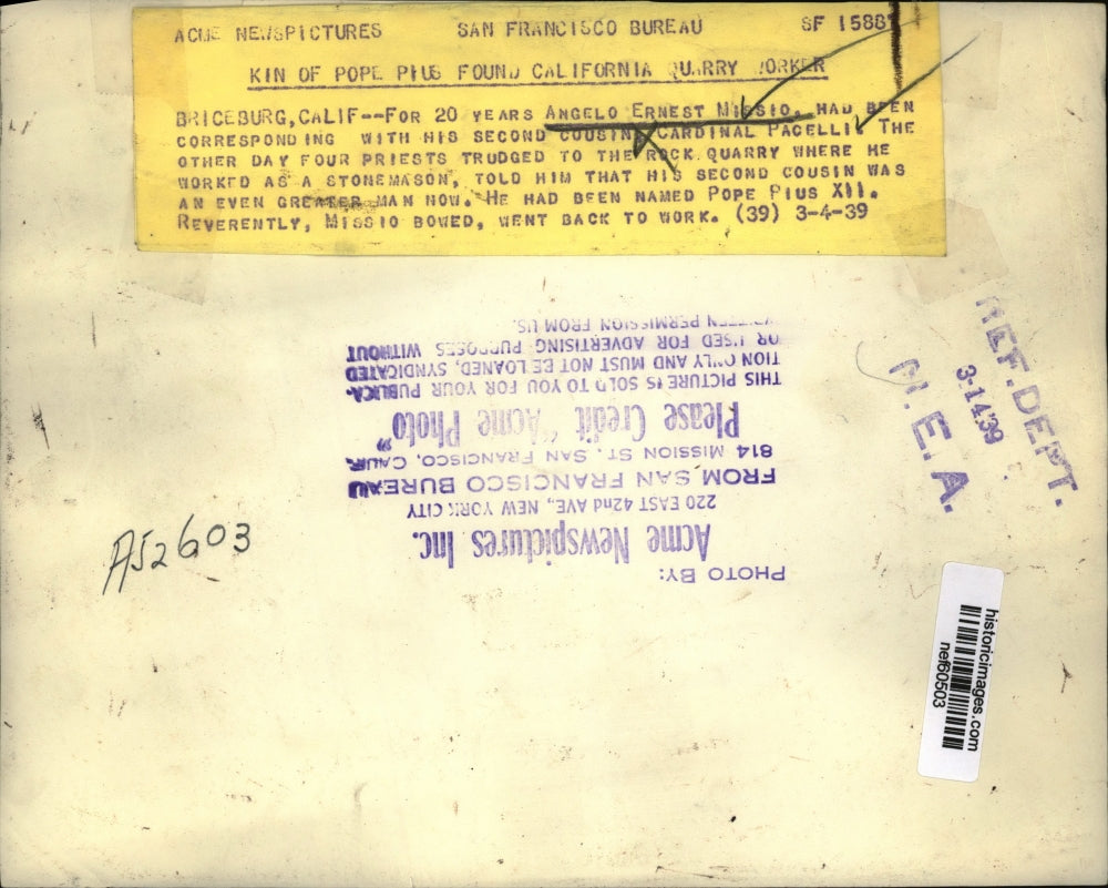 1939 Press Photo Angelo Ernest Missio Quarry Worker a Kin of Pope Pus XII