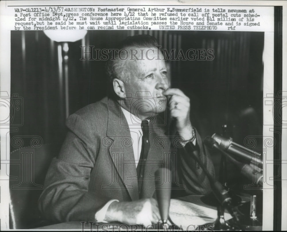 1957 Press Photo Arthur E.Summerfield , Postmaster General at news conference