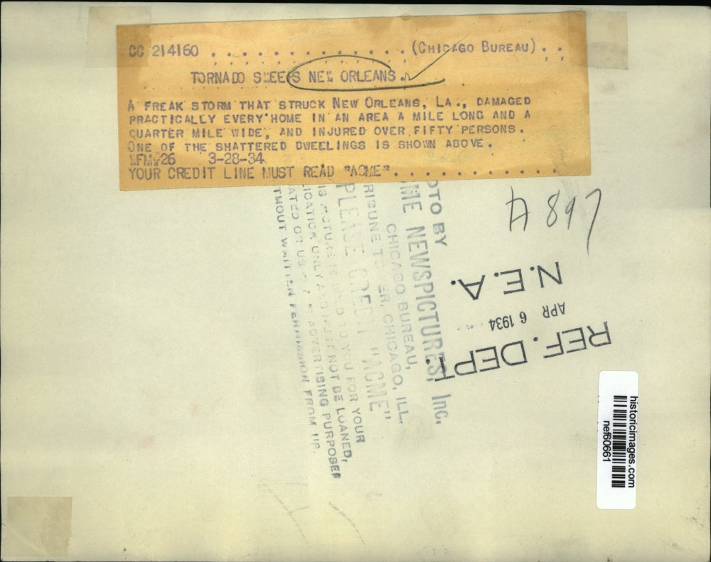 1934 Press Photo Tornado sweeps New Orleans La.injured over fifty persons