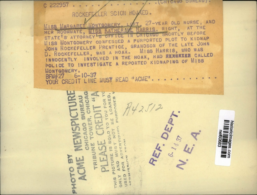 1937 Press Photo Margaret Montgomery and Katherine Harris plot kidnap was a hoax