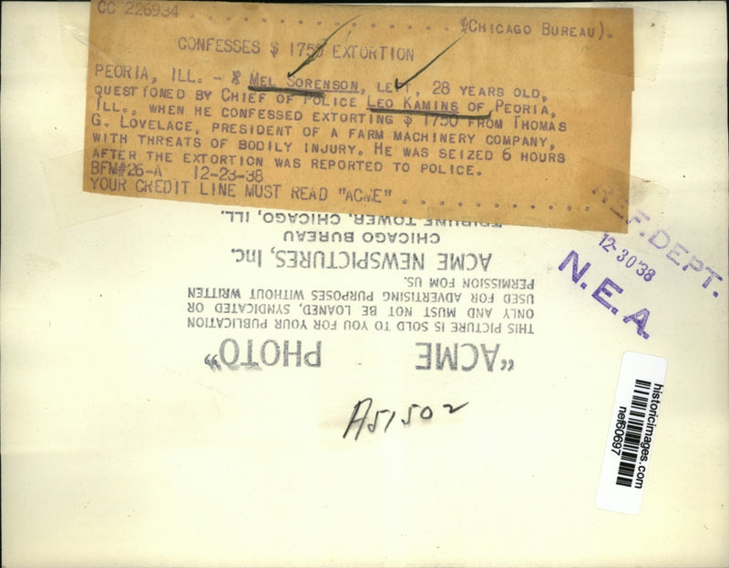 Load image into Gallery viewer, 1938 Press Photo Mel Sorenson confessed extorting $1750 from Thomas G.Lovelace
