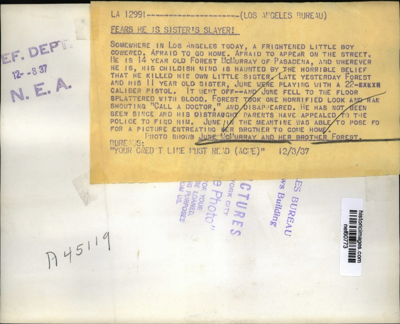 Load image into Gallery viewer, 1937 Press Photo Forest McMurray Fears He Killed Sister When Pistol Went Off
