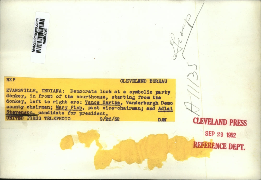 1952 Press Photo Adlai Stevenson at a symbolic party Donkey of Democrats