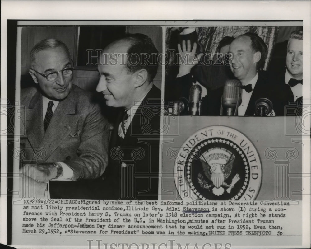 1952 Press Photo Gov. Adlai Stevenson in conference with Pres.Harry S. Truman