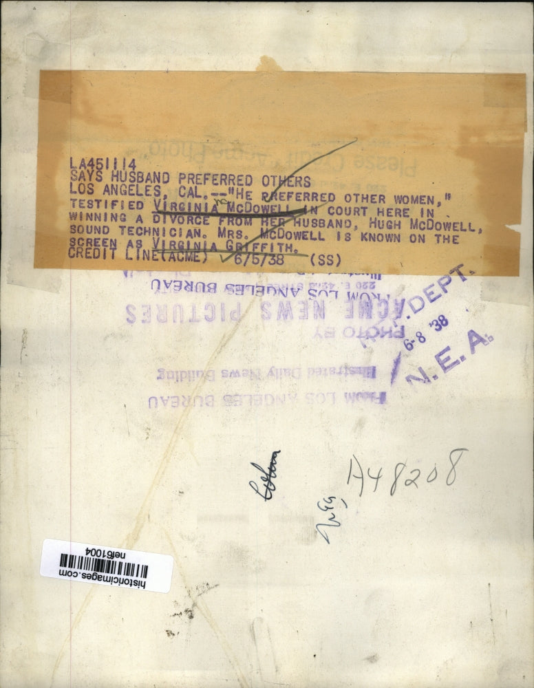 1938 Press Photo Virginia McDowell in court winning a divorce from her husband