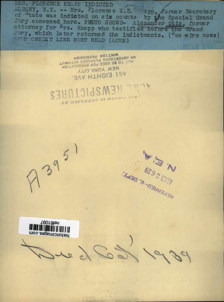 1929 Press Photo Mrs Florence Knapp Indicted on Six Counts by Grand Jury