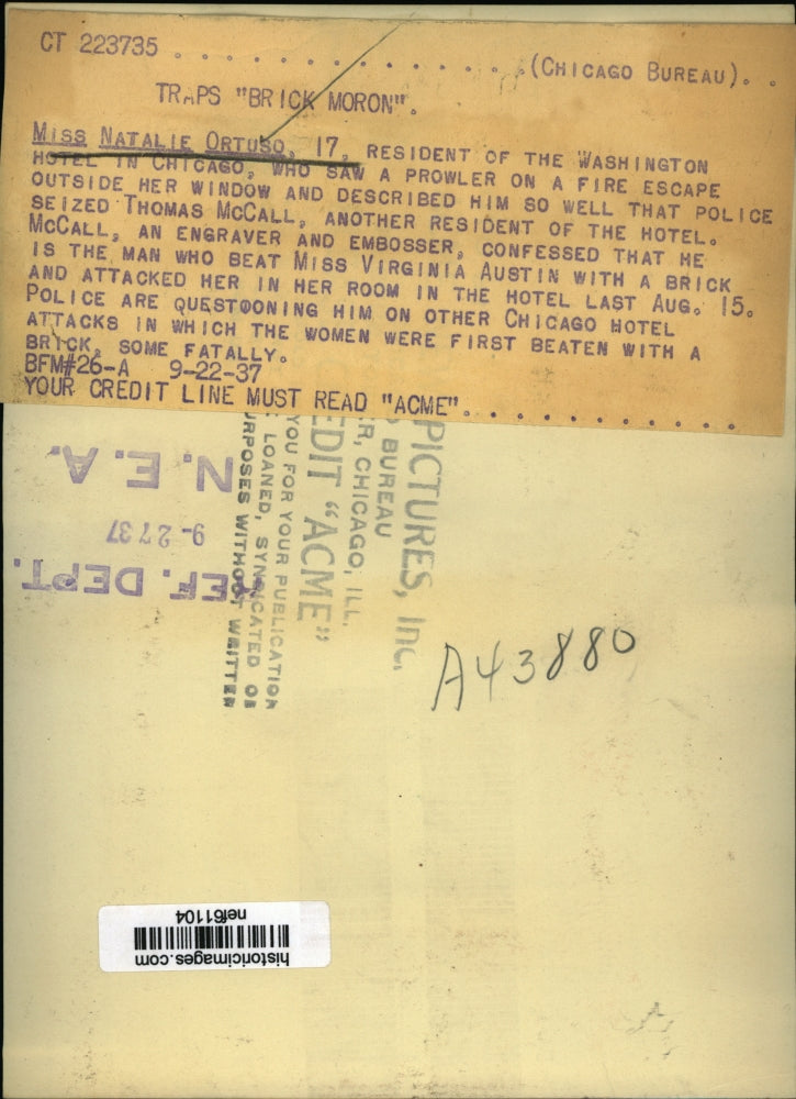 1937 Press Photo Ms Natalie Ortuso Saw Prowler On Fire Escape Outside Her Window