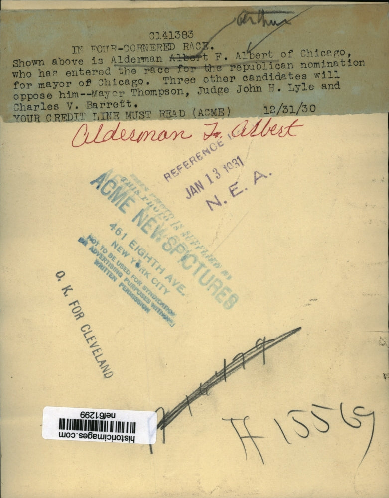 1930 Press Photo Alderman Arthur F Albert Enters Race for Republican Mayor Nom