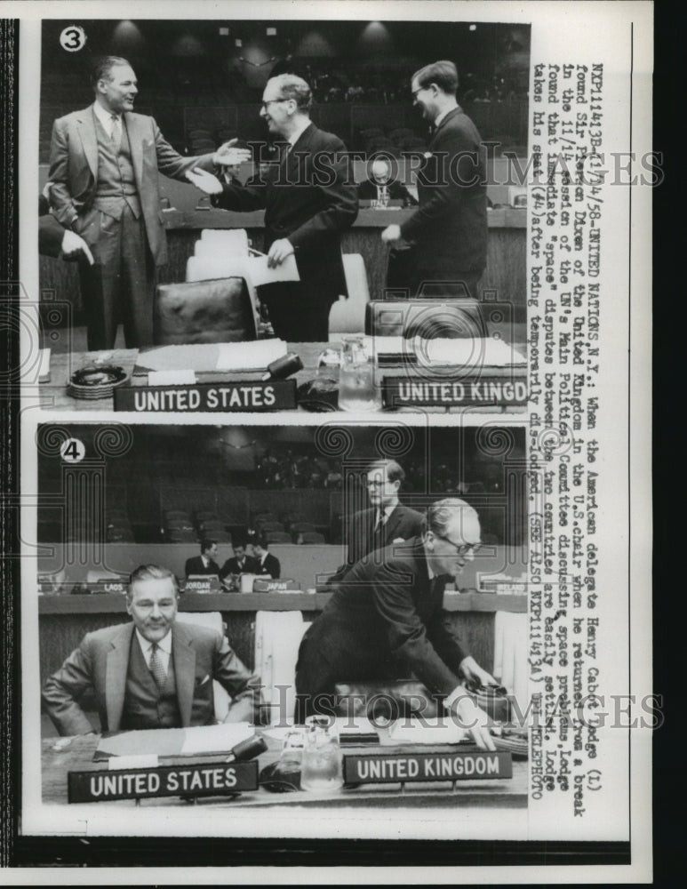 Load image into Gallery viewer, 1958 Press Photo Henry Cabot Lodge of U.S and Sir Pierson Dixon,United Kingdom
