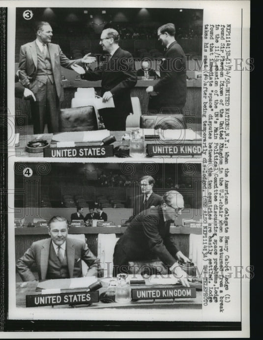 1958 Press Photo Henry Cabot Lodge of U.S and Sir Pierson Dixon,United Kingdom