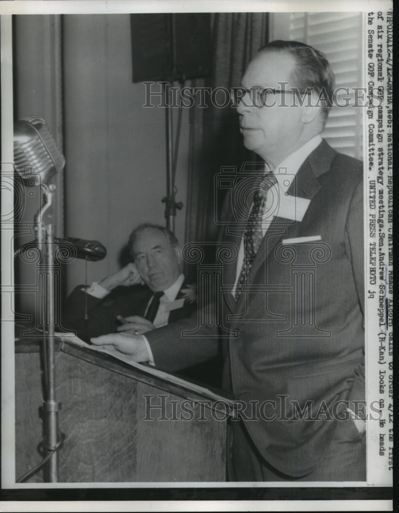 Load image into Gallery viewer, 1957 Press Photo Meade Alcorn,Natl.Republican Chairman and Sen. Andrew Schoeppel
