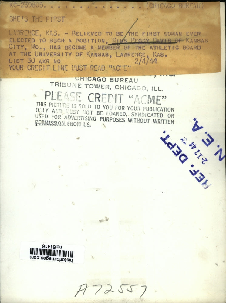 1944 Press Photo Ms Peggy Davis Becomes Member of Athletic Board at Kansas Univ