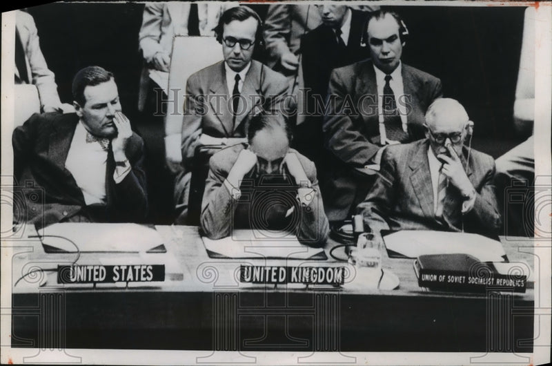 Load image into Gallery viewer, 1953 Press Photo Henry Cabot Lodge, Gladwyn Jebb, Andrei Vishinsky in UN Session
