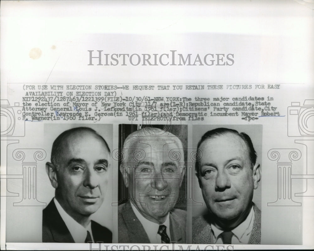 1961 Press Photo Louis Lefkowitz, Lawrence Gerosa, Robert Wagner NY Mayoral Race- Historic Images