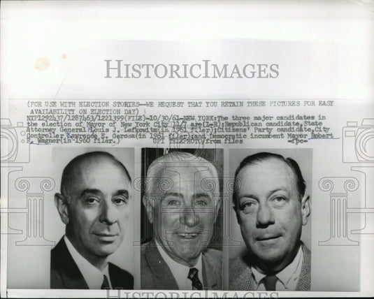 1961 Press Photo Louis Lefkowitz, Lawrence Gerosa, Robert Wagner NY Mayoral Race- Historic Images