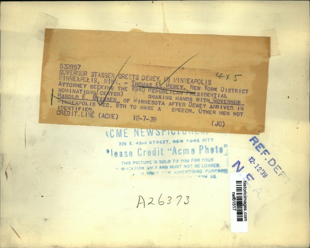 1939 Press Photo Thomas E.Dewey greets Gov. Harold E. Stassen of Minnesota