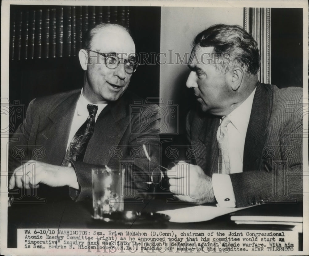1940 Press Photo Brien McMahon, Bourke Hickenlooper in Atomic Energy Committee