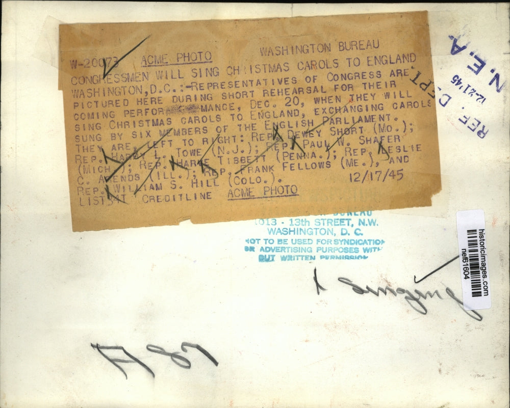 1945 Press Photo Congress Representatives Rehearse Christmas Carols for England