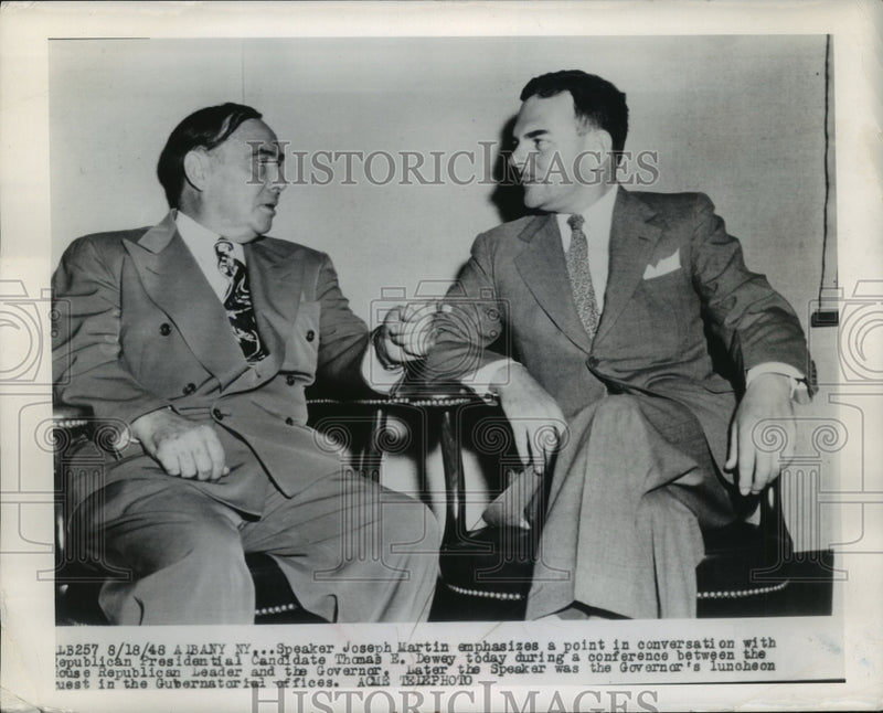 Load image into Gallery viewer, 1948 Press Photo Speaker Joseph Martin, Governor Thomas Dewey Confer in Albany
